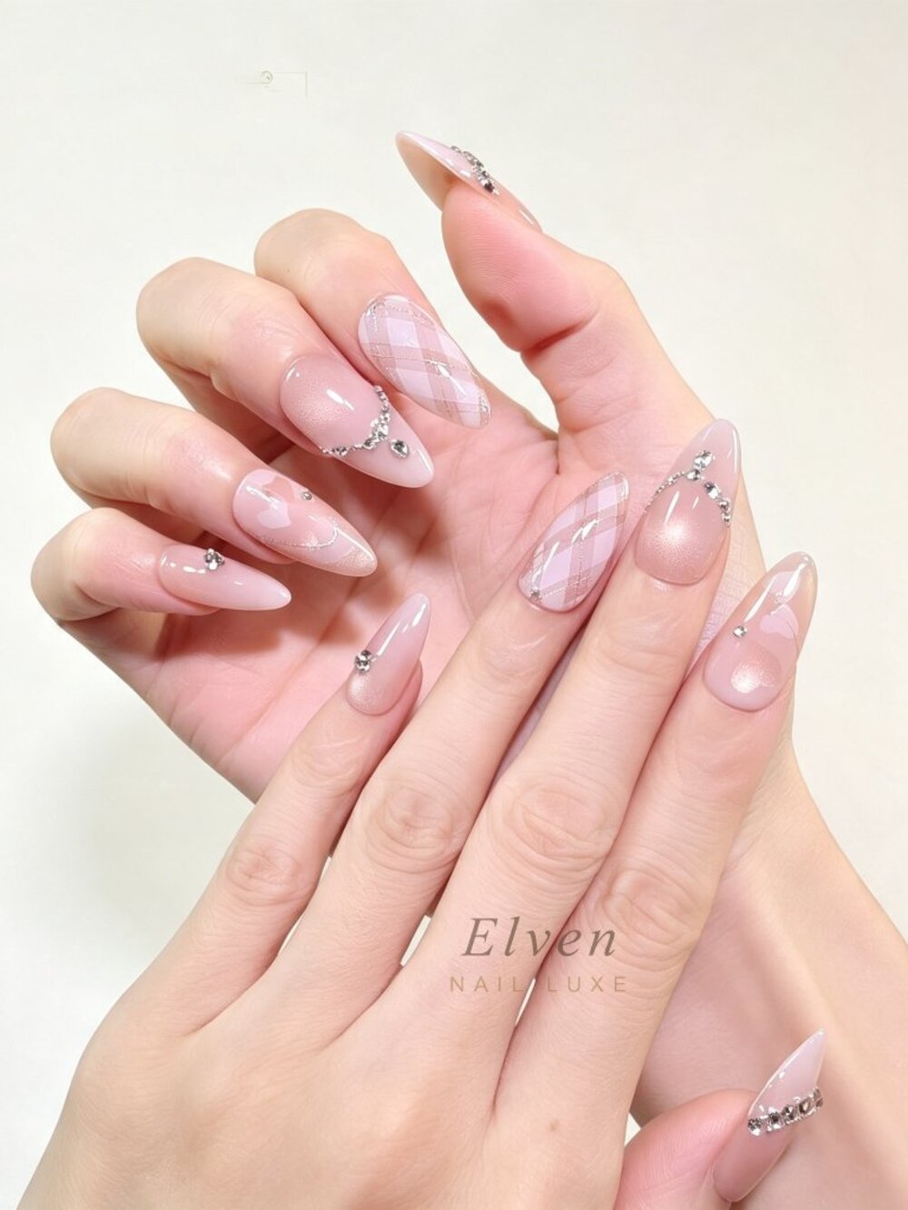 Nude Pink Cat Eye Press On Nails With Crystal Chains & Plaid Medium Almond Nails